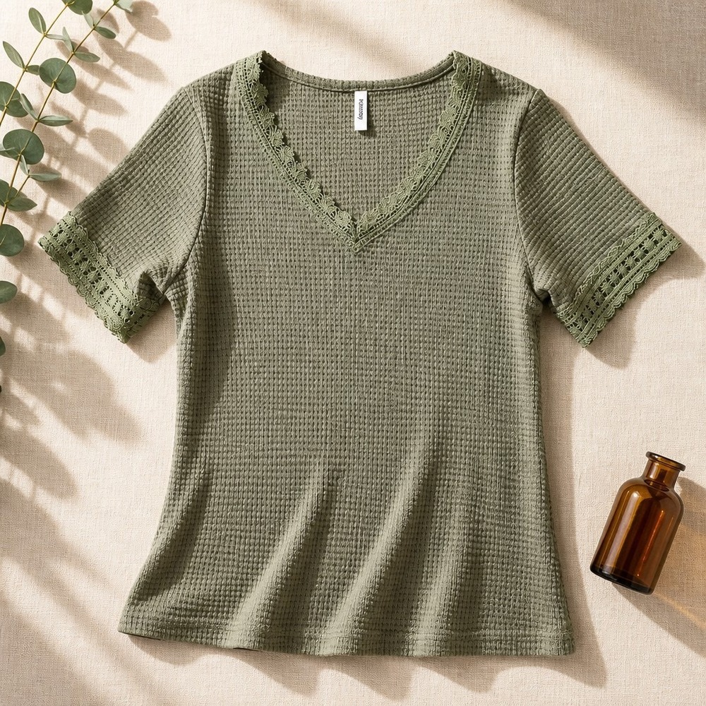 Dakotoo Olive Green Waffle Knit V-Neck Tee W/ Lace